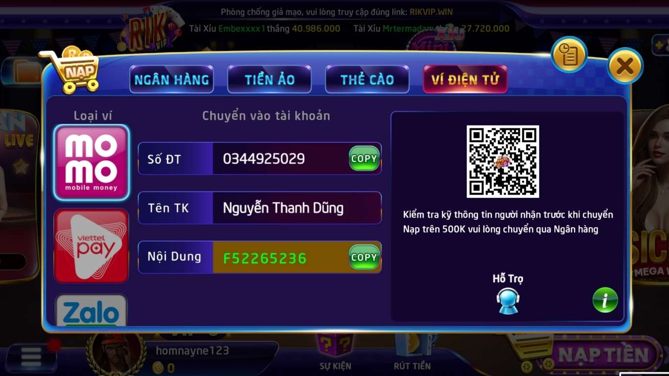 Nạp bằng ví điện tử