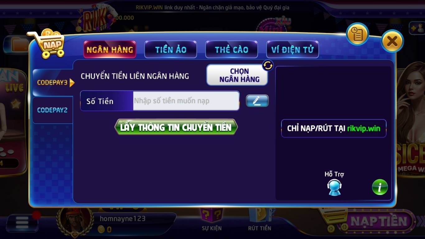 Giao dịch nạp tiền Rikvip nhanh chóng