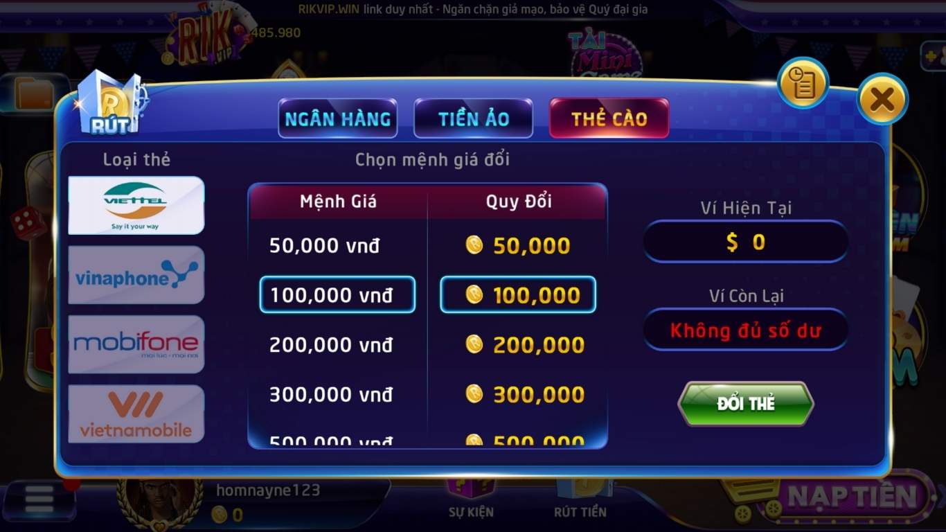 Rút Tiền Rikvip - Thẻ cào điện thoại
