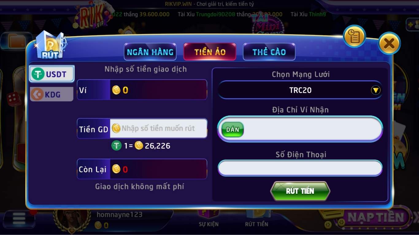 Rút Tiền Rikvip về ví tiền ảo