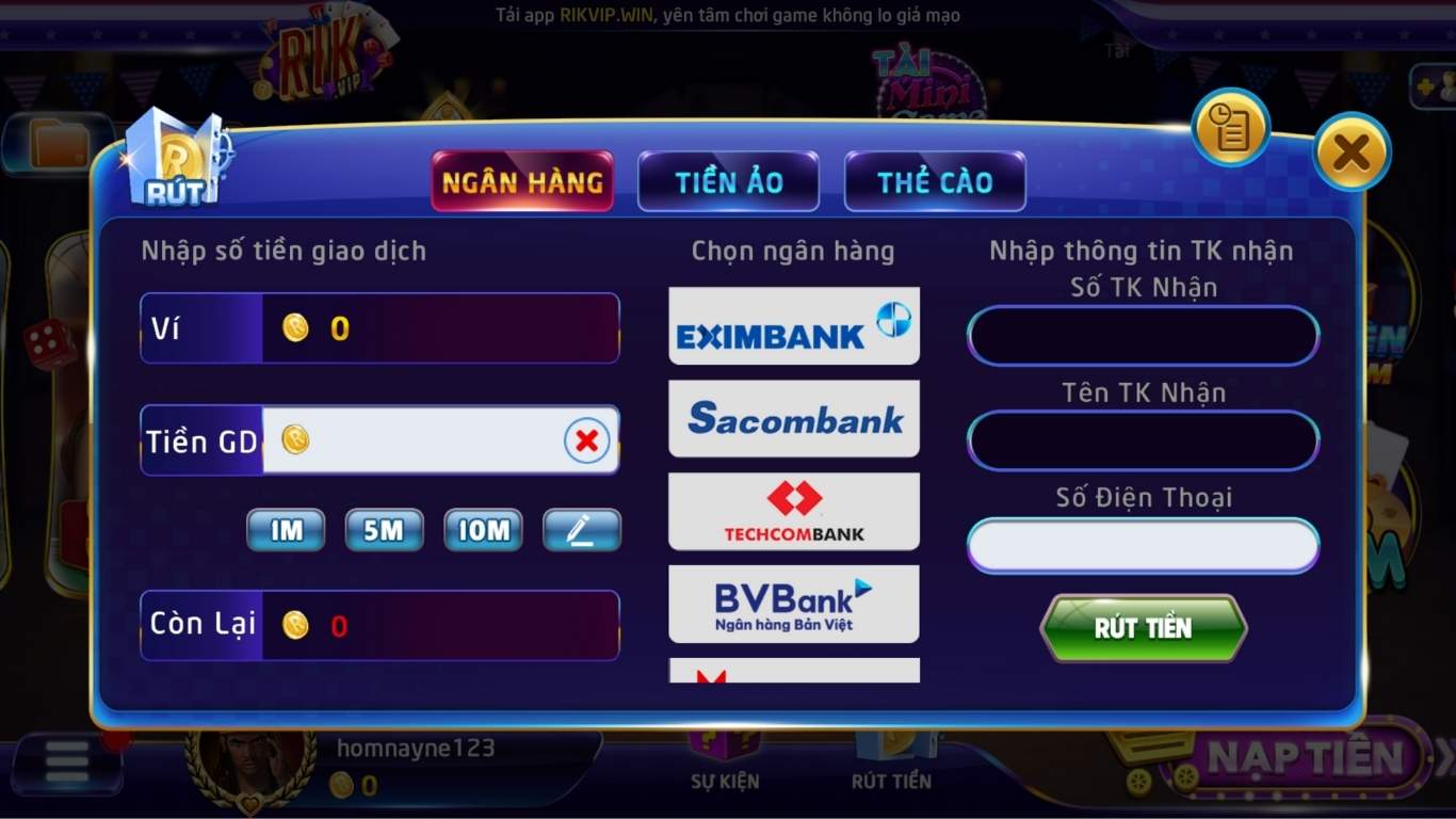 Rút Tiền Rikvip về khoản ngân hàng